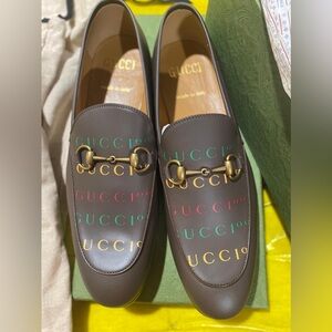 Gucci Wexford Gucci 100 Print Brown Leather Loafers Men’s